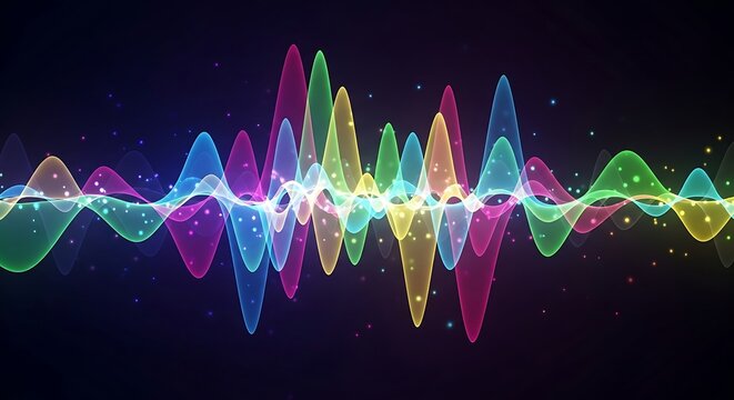 Vibrant sound wave, colorful audio signal, glowing music pattern, futuristic waveform