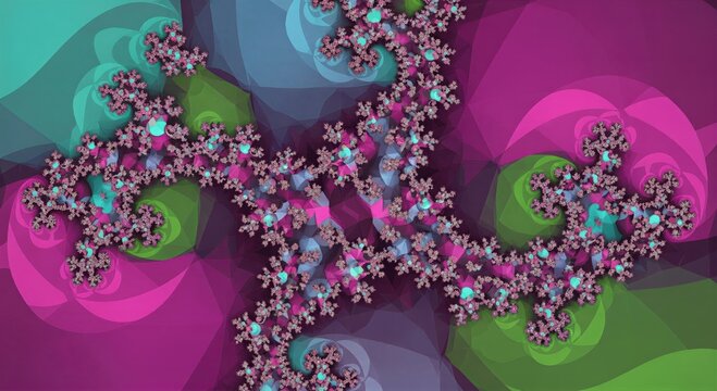 Abstract fractal pattern with swirling branches in pink and teal colors. Background for creative design technology and art concepts.
