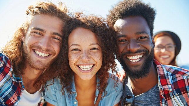 Diverse group of happy, smiling young friends enjoying a sunny outdoor adventure together