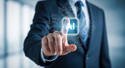 Fototapeta premium Artificial Intelligence technology concept, businessman touching AI digital interface, futuristic machine learning and data processing system