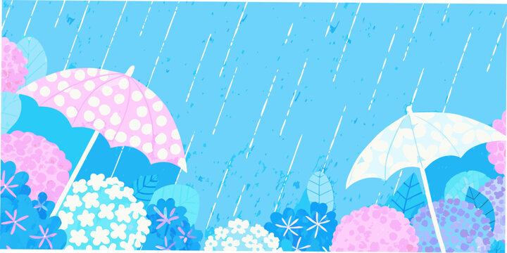 Rainy day with umbrellas and hydrangea floral arrangement vector illustration