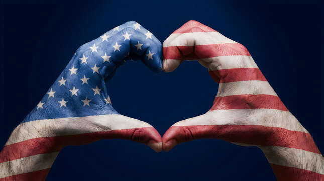 Hands Painted with American Flag Colors Forming Heart Shape Against Dark Blue Background, USA Patriotic Love Unity Pride Fourth of July Memorial Day Independence Day Concept