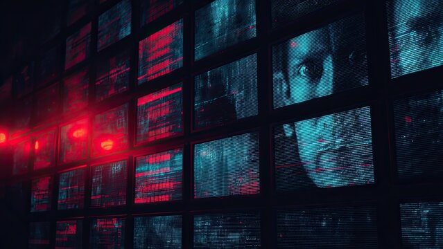 監視モニターに映るディープフェイク人物 サイバー犯罪コンセプト