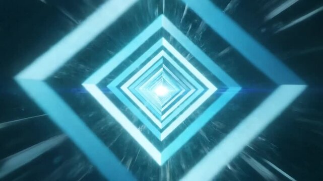 Futuristic abstract digital tunnel with glowing blue diamond shapes moving towards bright light