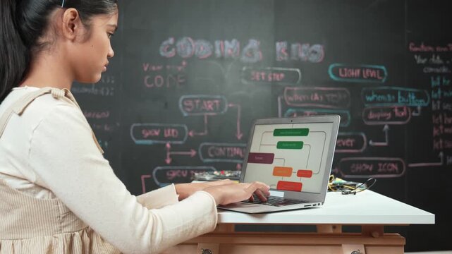 Smart academic student working on laptop show engineering code screen while turn around and waving to camera. Pretty high school girl sitting at blackboard with web develop plan written. Edification