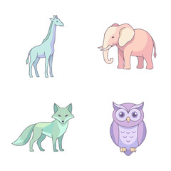 Obraz premium A collection of four stylized pastel colored wild animals on a white background