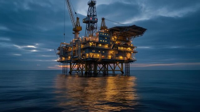 Illuminated offshore oil rig at dusk with shimmering lights reflecting on calm ocean waters