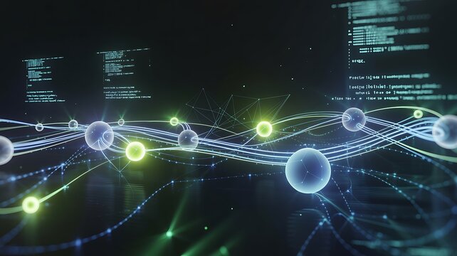 Abstract glowing network of interconnected nodes and data streams against a dark digital background