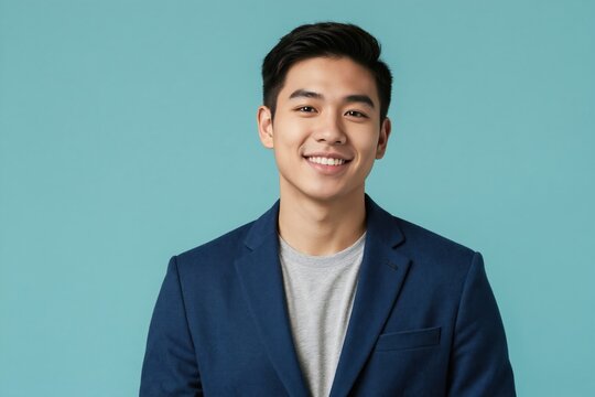 Young Asian man with dark hair smiles in studio. Wears blue jacket, grey shirt against light blue background. Portrait shows confidence, happiness, suitable for business, personal use. Image conveys