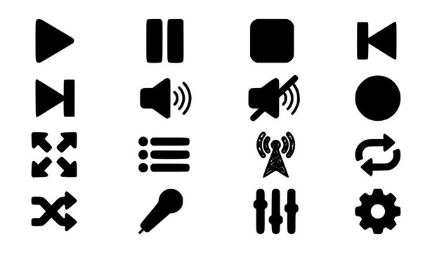 Minimal Audio and Video Player Control Buttons Vector Icon Set