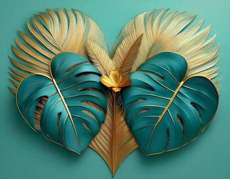 stylized tropical foliage composition with teal monstera golden palm heart shaped and banana leaves and a single golden flower conveying an elegant serene mood