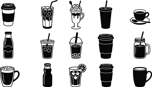 Black and white line of various drink containers and cups beverage coffee soda