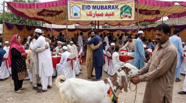 Man holding a decorated white and brown goat at an eid mubarak celebration with people