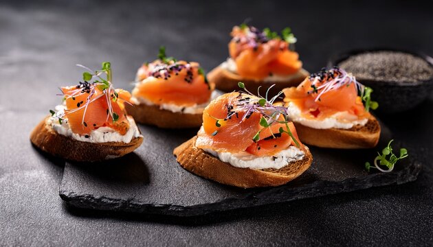 elegant smoked salmon crostini on toasted baguette with whipped cheese pickled red onion microgreens and black sesame on a dark slate serving board appetizing bite sized appetizers