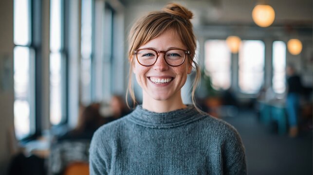 Smiling young professional woman with glasses in a modern office, looking confidently at camera.