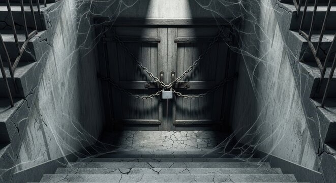Eerie Abandoned Basement Doors Chained and Locked with Cobwebs in a Da