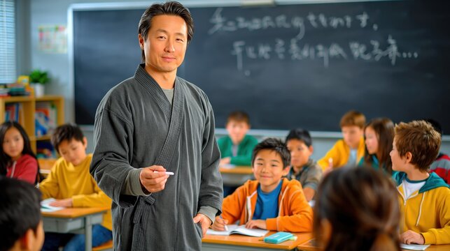 Asian Male Teacher Standing in Classroom with Diverse Children Learning, Chalkboard Background