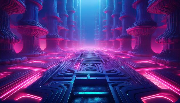 giant interlocking monolithic towers forming a glowing neon pink fissured labyrinth with blue mist and eerie futuristic atmosphere