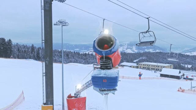 Preview Of Winter Scene With Snow Blowers. Resort Staff Prepares Snow Machine With Evening Illumination