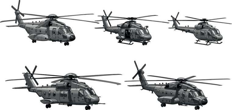 Military Helicopter Vector Illustration Set with Detailed Gray Army Choppers and Tactical Air Force Aviation Icons for Defense and Transport Designs