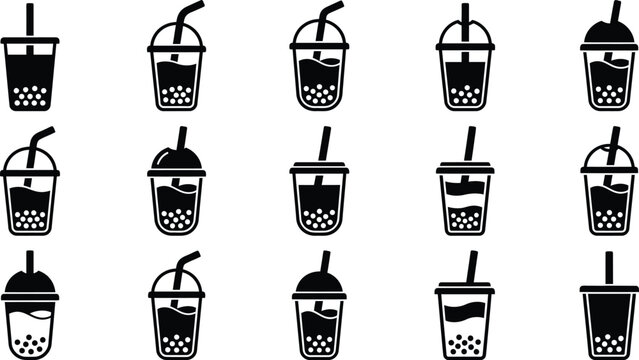 Black and white of bubble tea cups with straws and lids, various styles boba tea drink cup straws