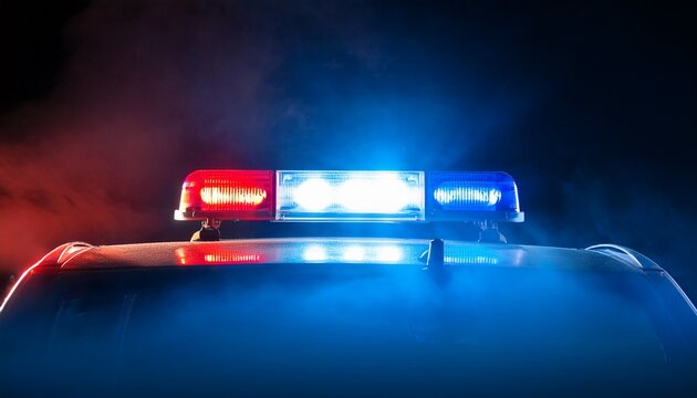 siren flashing lights with overlay effect on emergency or police cars red and blue police car flare surrounded by fog on dark night background