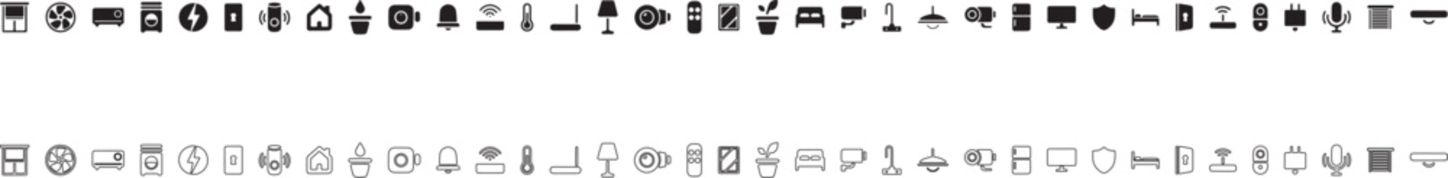 Smart home and house appliances mega pack, security systems, climate control, lighting and electronics symbols collection, vector glyph and outline icons set for UI UX design.