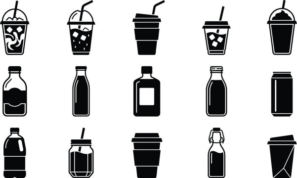 Black and white of various drink containers, including bottles and cups beverage