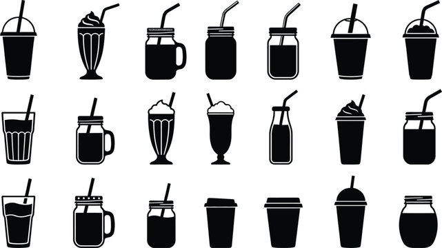 Black silhouettes of 20 different drink cups and glasses with straws and lids, on white background