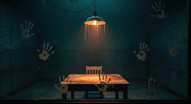 Dark Interrogation Room with Wooden Table and Chair Under Single Lamp