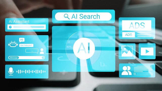 Modern Technology and Digital Interface with AI Assistants, Search Bars, and Advertising Icons Displayed on a Laptop Keyboard Gluon.