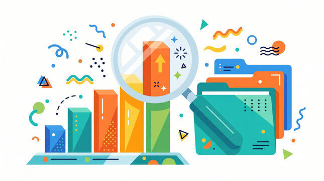 Financial growth and analysis with magnifying glass over bar chart and folders