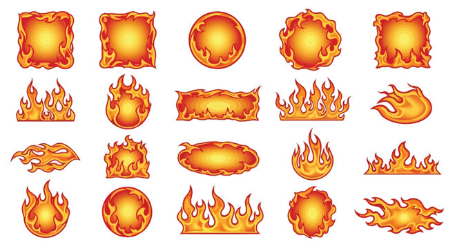 Collection of stylized fire and borders in red, orange, and yellow flame heat burn