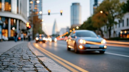 Fototapeta premium A bustling city street is illuminated by traffic lights and car headlights at twilight, capturing the dynamic energy and vibrant atmosphere of urban life.