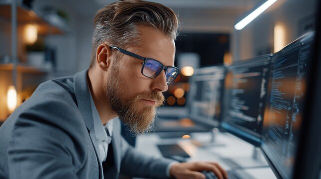 Focused businessman in modern office working on multiple computer screens with code at night