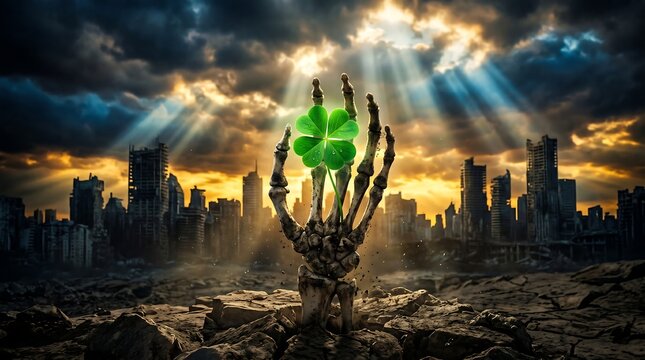 A skeletal hand holds a fourleaf clover in a postapocalyptic cityscape with a dramatic sky
