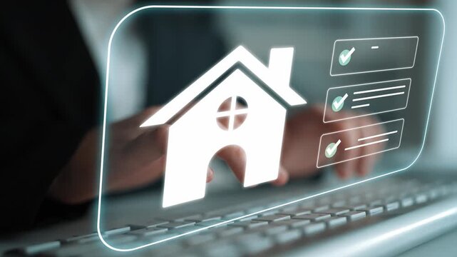 Virtual Home Management Concept with Hands Typing on Keyboard and House Icon in Digital Interface Overlaid with Checkmark Lists for Homeowners Gluon.