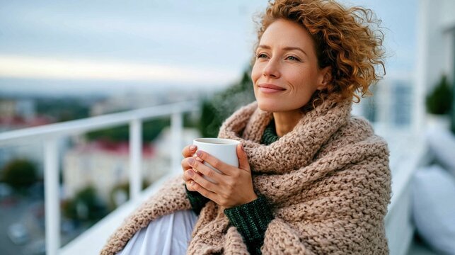A relaxed woman wrapped in a warm shawl, sipping tea on a balcony while enjoying a serene view, perfectly capturing moments of mindfulness and peace in everyday life.