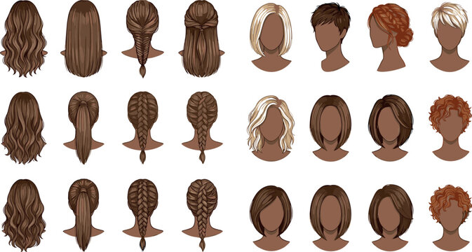 Female Hairstyle and Hair Color Vector Set Featuring Back Views of Braids Ponytails Wavy Locks and Front Facing Faceless Avatars for Beauty Salon Layouts