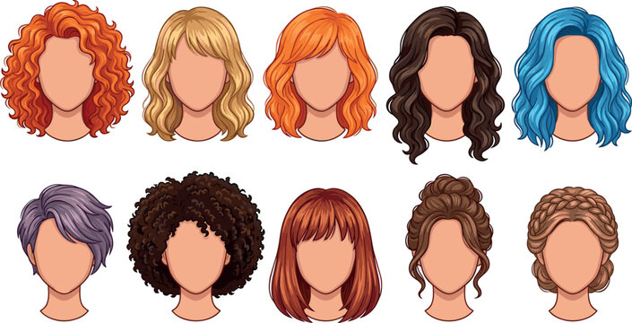 Female Hairstyle and Hair Color Vector Set Featuring Curly Wavy Short and Braided Wigs with Faceless Avatars for Beauty Salon and Fashion Designs