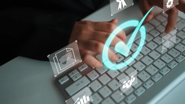 Hands Typing on Keyboard with Overlay of Digital Icons and Symbols Representing Technology, Productivity, and Data Management in Modern Office Environment Gluon.