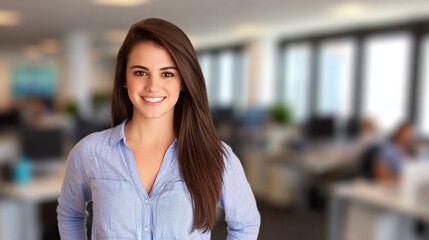 Obraz premium Confident young businesswoman smiling at the camera in a modern, blurred office background
