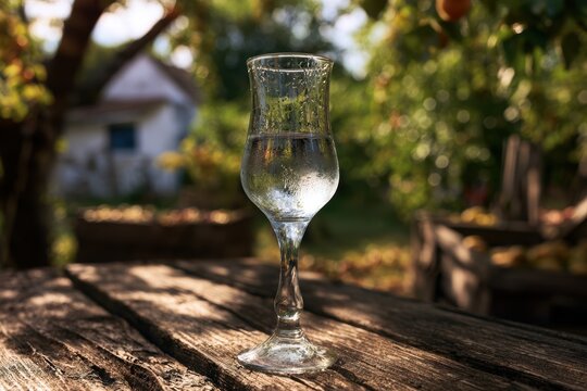 Fruit brandy (palinka) glass on weathered wood, rustic orchard background, warm natural light