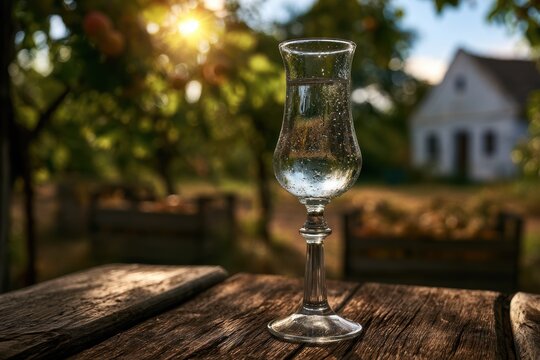 Schnapps glass (palinka) on rustic wooden table, sunny orchard background, rural cottage scene
