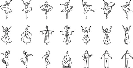 Traditional Dancers And Ballerina Sketch Vector Set Featuring Cultural Costumes Performance Figures For Arts Education © Shukimon