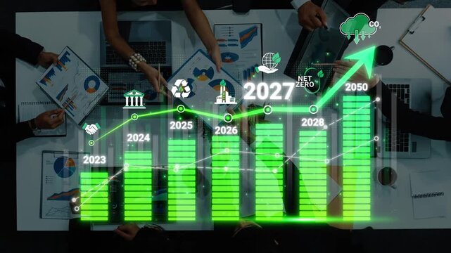 Business Team Meeting to Discuss Sustainability Goals and Emissions Reduction Plans for Future Carbon Neutrality by 2050 with Graphical Data Presentation Sigmoid