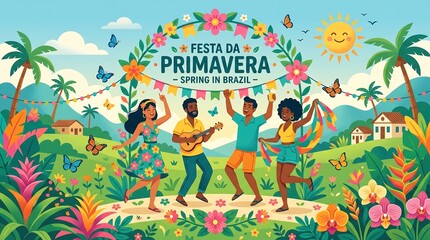 Fototapeta premium Vibrant illustration of festa da primavera, a joyful spring celebration in brazil with dancing people