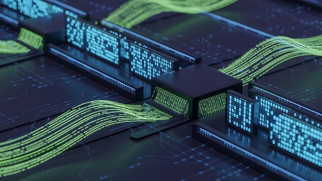 Futuristic digital data streams flowing through a complex technological network
