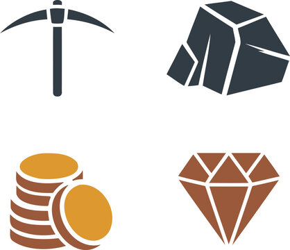 Flat design icons of pickaxe coal gold coins and diamond on white background for mining concept