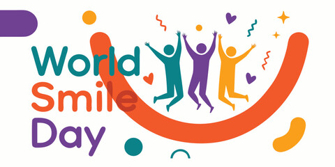 World smile day greeting card design with happy people jumping under large smile. © SarwarGfx